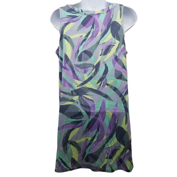 LOGO S Sleeveless Top Purple Green Camo Tank Long Tunic Stretch Athleisure - Picture 3 of 5